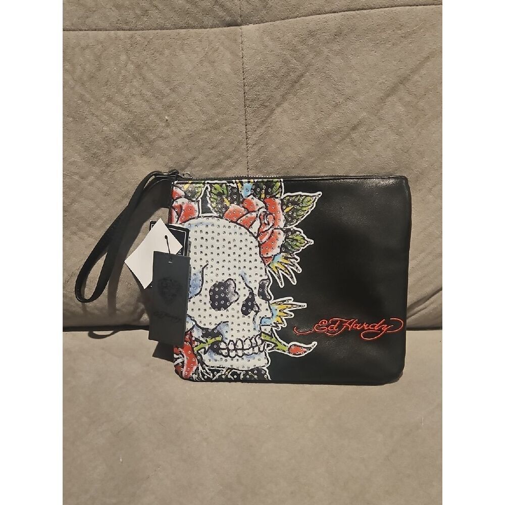 Ed Hardy Black Skull & Floral Wristlet Clutch